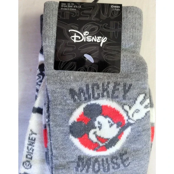 Disney Mickey Mouse Men's Crew Socks 2 Pack Large 10-13 Gray Red White Stretch - Picture 2 of 5